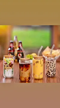 أكواب زجاجية بتصميم علبة المشروبات مع غطاء بامبو وماصة (Can Glass Cup)