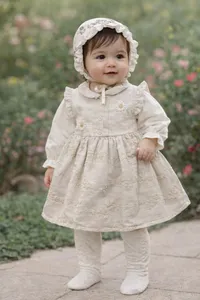 فستان بنت كلاسيكي أبيض مع غطاء رأس