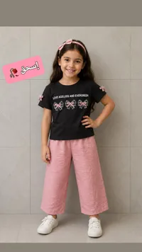 طقم ملابس بناتي صيفي - تيشرت أسود وبنطال وردي