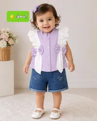 طقم ملابس أطفال صيفي - بلوزة ليلكي وشورت جينز (Shein)