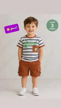 طقم صيفي للأطفال - تيشيرت مخطط وشورت بني
