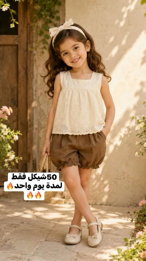 طقم صيفي بناتي ببلوزة دانتيل وشورت - ملابس أطفال - سوق غزة