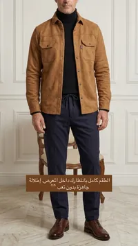طقم شبابي جاكيت جلد بني وبنطال أزرق