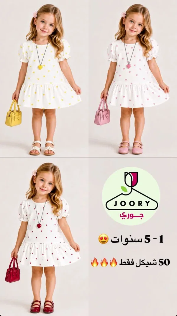 فستان صيفي بناتي بطبعة قلوب - جوري (Joory) - ملابس أطفال - سوق غزة