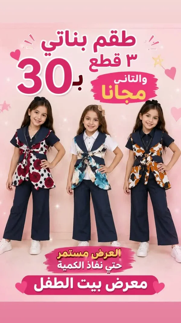 طقم بناتي 3 قطع - معرض بيت الطفل - ملابس أطفال - سوق غزة