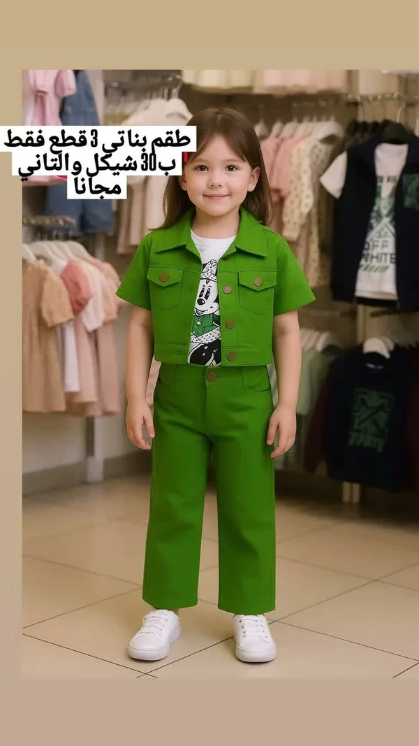 طقم بناتي 3 قطع - جاكيت وبنطلون وتيشرت - ملابس أطفال - سوق غزة