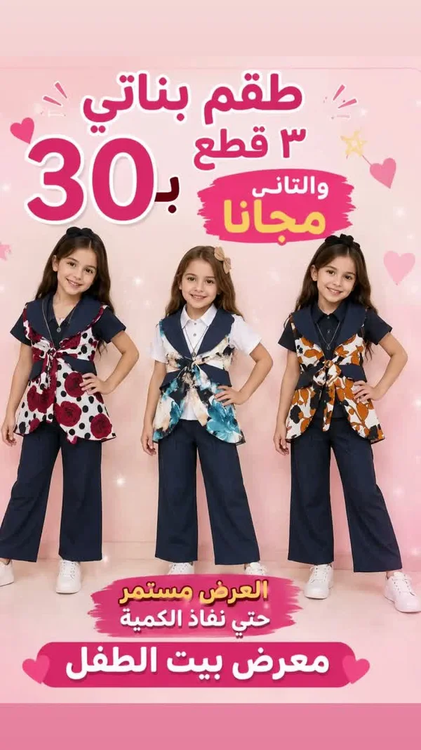 طقم بناتي 3 قطع - معرض بيت الطفل - ملابس أطفال - سوق غزة