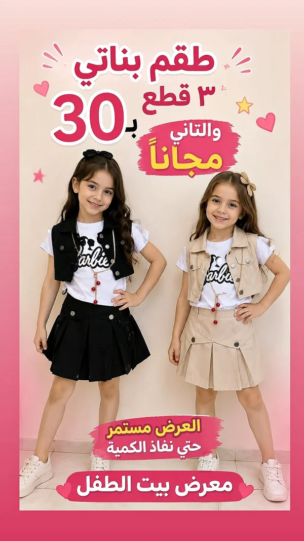 طقم بناتي 3 قطع - باربي (Barbie) - ملابس أطفال - سوق غزة