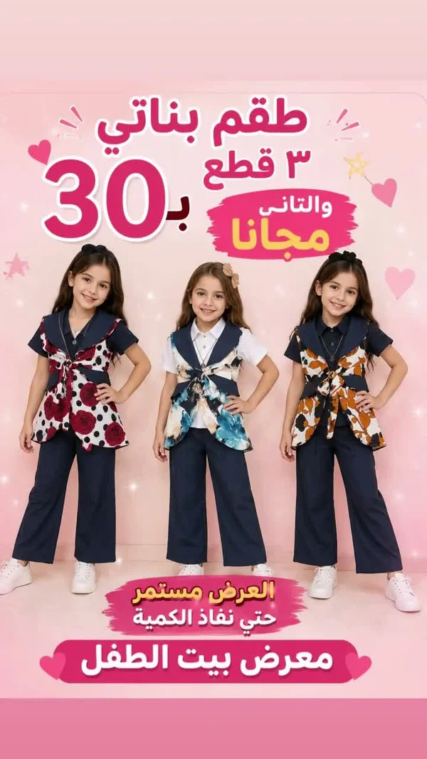 طقم بناتي 3 قطع - معرض بيت الطفل - ملابس أطفال - سوق غزة