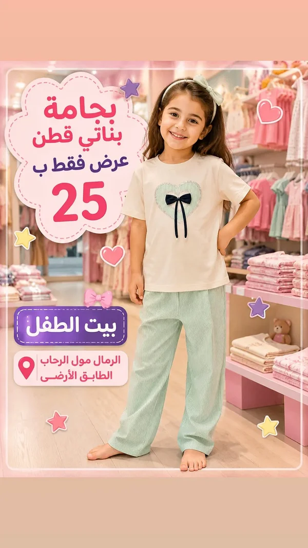 بيجامة بناتي قطن - بيت الطفل - ملابس أطفال - سوق غزة