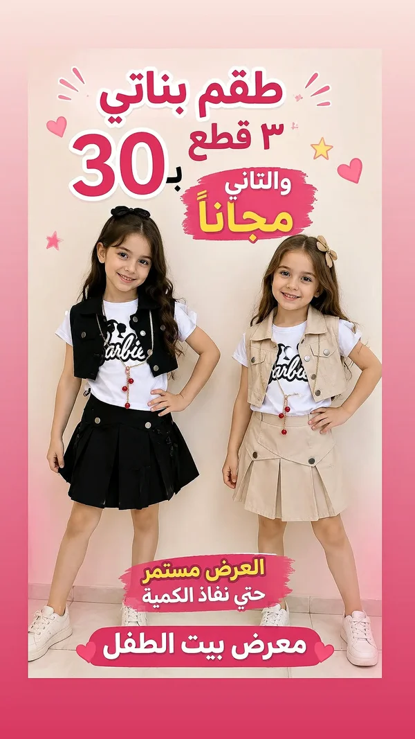طقم بناتي 3 قطع بتصميم باربي - معرض بيت الطفل - ملابس أطفال - سوق غزة