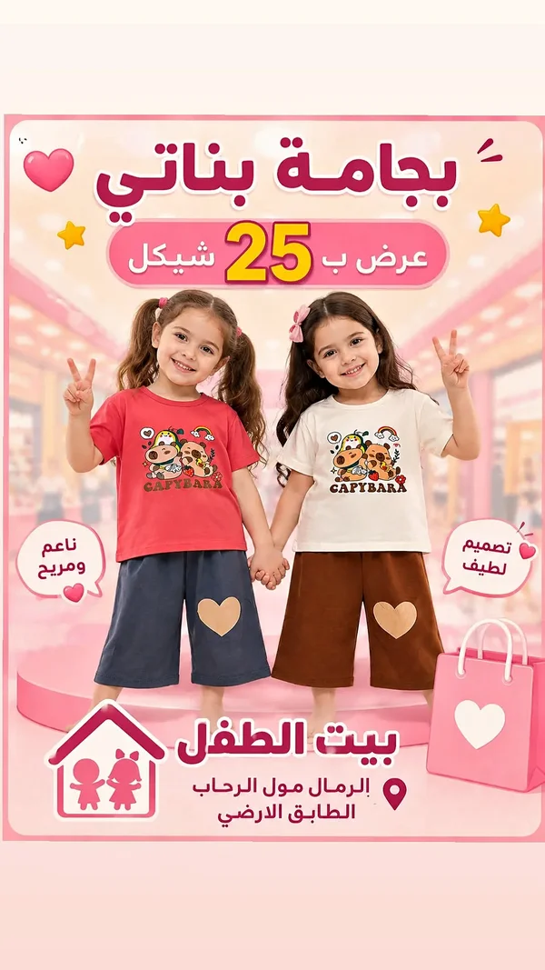 بجامة بناتي بتصميم كابيبارا - بيت الطفل - ملابس أطفال - سوق غزة