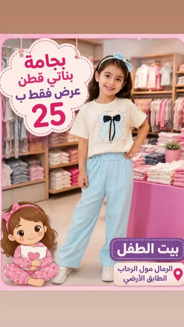 بيجامة بناتي قطن - بيت الطفل - ملابس أطفال - سوق غزة