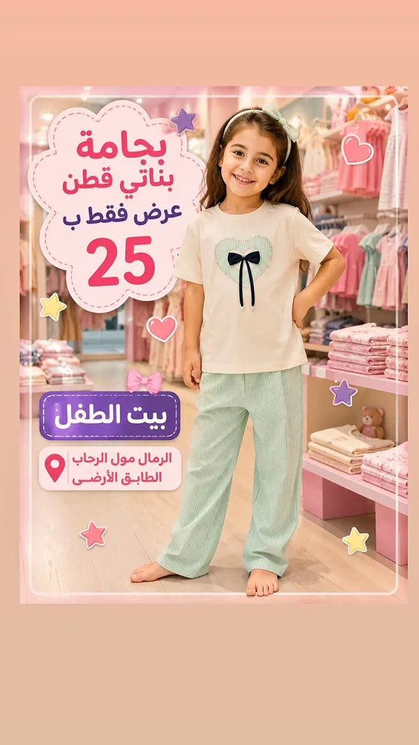 بيجامة بناتي قطن - بيت الطفل - ملابس أطفال - سوق غزة