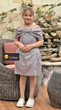 فستان سهرة بناتي بفيونكة - رمادي لامع