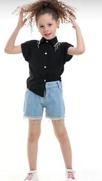 طقم بلوزة شورت بناتي مزين باللؤلؤ (Kids Fashion)