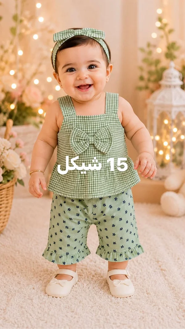 طقم ملابس صيفي للأطفال - قطعتين مع ربطة شعر - ملابس أطفال - سوق غزة