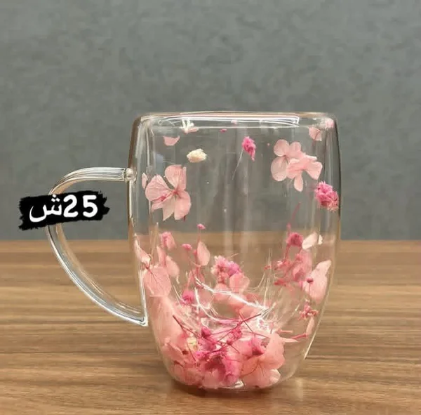 كوب زجاجي مزدوج الجدار مزين بزهور طبيعية - أدوات منزلية - سوق غزة