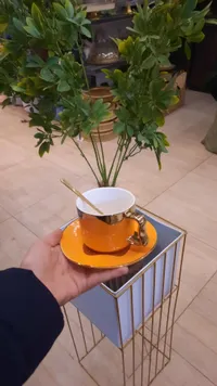 فنجان وصحن قهوة - أبيض وبرتقالي