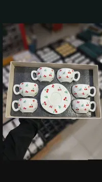 طقم فناجين وصحون السيراميك برسمة الكرز