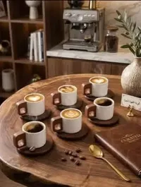 طقم فناجين قهوة سيراميك مع قاعدة خشبية