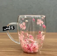 كوب زجاجي مزدوج الجدار مزين بزهور طبيعية - سوق غزة