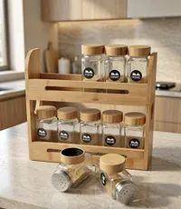 طقم توابل زجاجي مع حامل خشبي من هوم (Home)