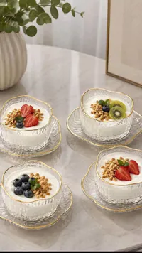 أكواب زجاجية مزخرفة مع صحون - طقم 4 قطع