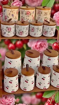علب تخزين سيراميك بنقوش زهور وكرز (بدون علامة تجارية واضحة)