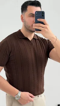 قميص بولو رجالي محبوك - بني