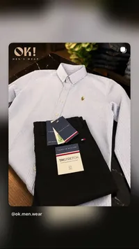 قميص رجالي مخطط وبنطلون أسود - تومي هيلفيغر (Tommy Hilfiger)