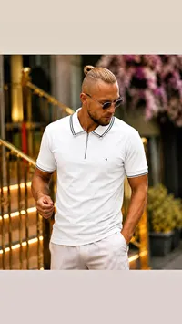 تيشيرت بولو رجالي أبيض بسحاب (Brand)