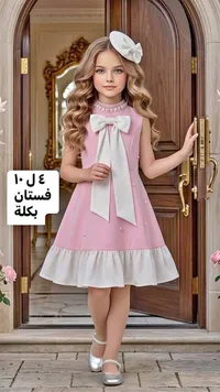 فستان أطفال وردي مع ربطة عنق وبكلة للشعر