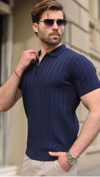 قميص بولو رجالي بنسيج محبوك وسحاب
