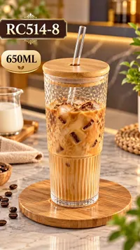 كوب زجاجي مع ماصة وغطاء بامبو 650 مل (RC514-8)