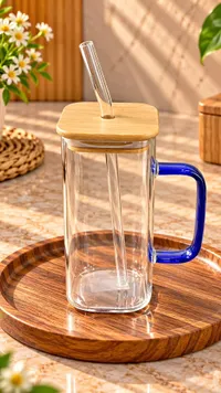 كوب زجاجي مع ماصة وغطاء خشبي