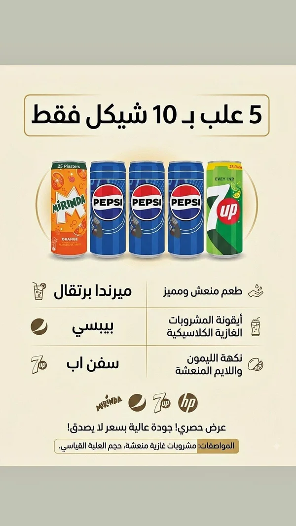 مشروبات غازية متنوعة - بيبسي، ميرندا، سفن أب (Pepsi, Mirinda, 7UP) - مواد غذائية وبقالة - سوق غزة