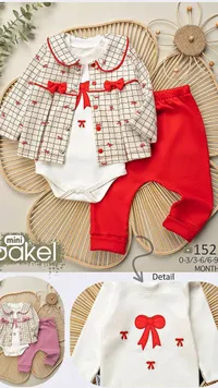 طقم ملابس مواليد كاروهات مع فيونكات - ميني باكل (Mini Pakel)
