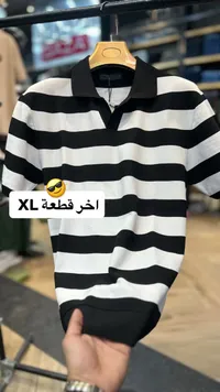 قميص بولو رجالي مخطط - أسود وأبيض