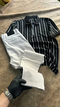 قميص بولو مخطط وسروال قطني (LACOSTE)