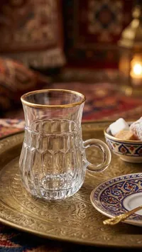 كوب شاي زجاجي مزخرف بحافة ذهبية