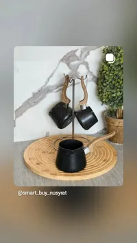 طقم أكواب قهوة سيراميك أسود مع حامل خشبي