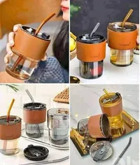 كوب زجاجي أنيق مع غطاء وقشة
