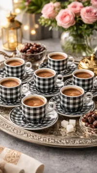 فناجين قهوة كاروهات سوداء وبيضاء
