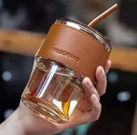كوب زجاجي مع غطاء جلدي - جينجبوفناج (Jingbofnag)