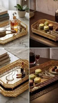 صينية تقديم معدنية بمرآة بتصميم هندسي ذهبي