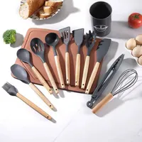 طقم أدوات مطبخ سيليكون مع مقابض خشبية