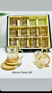 طقم أكواب زجاجية مع قواعد خشبية - شاور هوم لايف (Shawar Home Life)