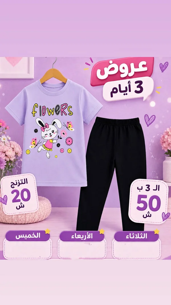 طقم ملابس صيفي للأطفال - تصميم الأرنب والزهور - ملابس أطفال - سوق غزة