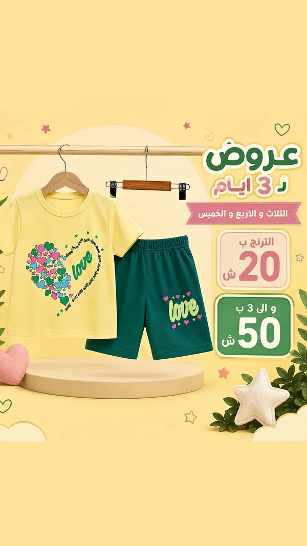 طقم ملابس صيفي للأطفال - تصميم لوف - ملابس أطفال - سوق غزة